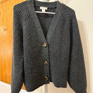 Charcoal Gray Ribbed Cardigan Sweater
